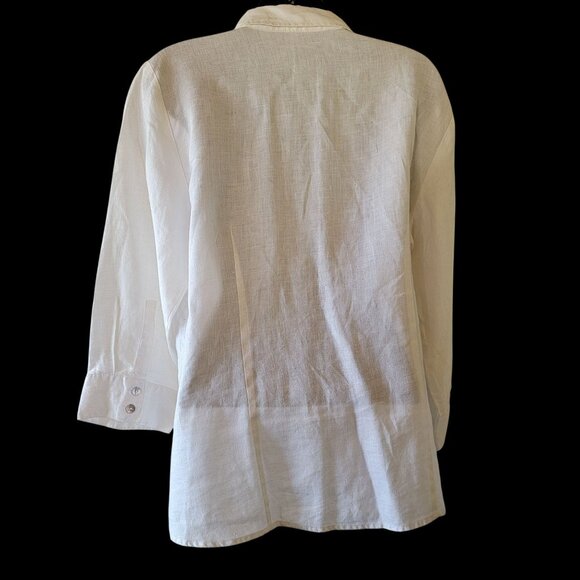 White Linen Button-Up Shirt With Black Floral Embroidery & Beaded Design - Picture 5 of 15